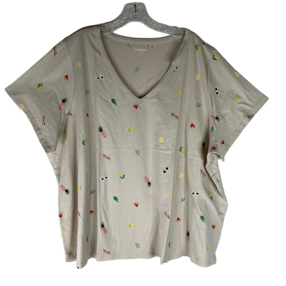 Old Navy T Shirt Women’s Tan Mixed Fruit V Neck Short Sleeve Jersey Everywear 3X